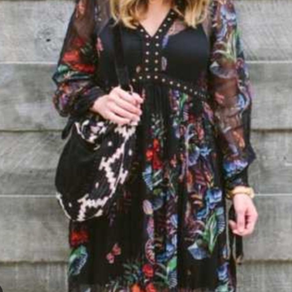 Maeve Black Sheer Floral Maxi Tunic Dress with Studded Bodice